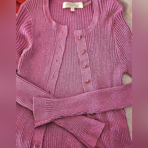 Love Shack Fancy Hill Cardigan Ribbed Metallic Orchid Heart Buttons - Picture 2 of 9